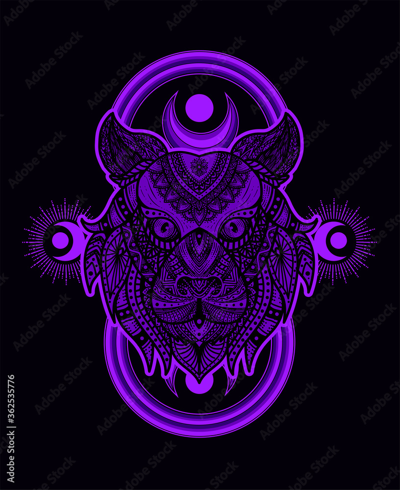Illustration vector tiger head mandala pattern style with sacred geometry on black background. Illustration vector tiger head mandala pattern style with sacred geometry on black background.