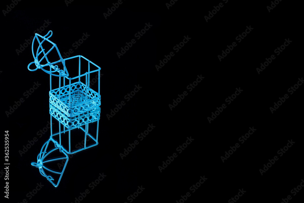 White metal cage with open door, copy space on the right, black background. White metal cage with open door, copy space on the right, black background.