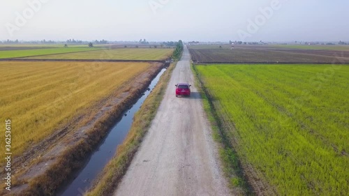 Aerial view of electric suv car driving along to paddy fields in the cloudy morning