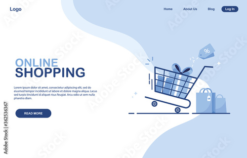 Template for online store. Online Shopping banner. Shopping cart with purchases, gifts, boxes. Delivery from a supermarket, shop. E-commerce landing page. Internet marketing. Web page. Blue. Eps 10