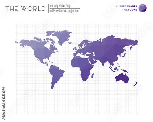 World map with vibrant triangles. Miller cylindrical projection of the world. Purple Shades colored polygons. Energetic vector illustration.