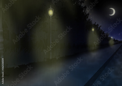 raining illustration of night time street lit path with moon and stars