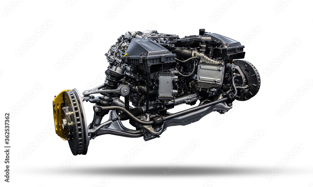 Car axle systems with engine. Car chassis with motor and suspension. Automotive industry. High performance car assembly. Car axle systems with engine. Car chassis with motor and suspension. Automotive industry. High performance car assembly.