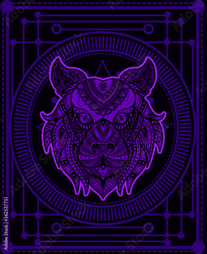 Illustration vector tiger head mandala pattern style with sacred geometry on black background.