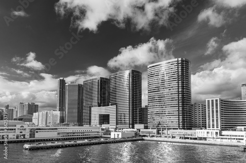 Pier and modern office building in downtown of Hong Kong city