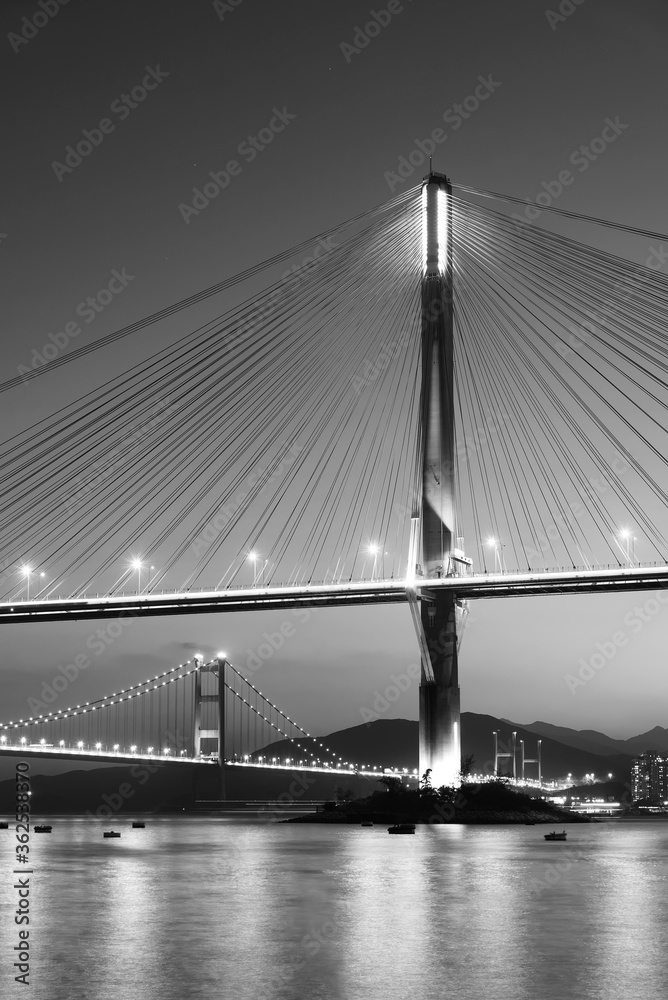 Ting Kau Bridge and Tsing Ma Bridge in Hong Kong at dusk