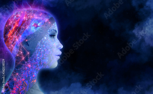 Double exposure portrait of beautiful dreamy young woman isolated. Attractive thoughtful girl silhouette side view, 3D mixed media multiply exposure psychological health illustration, dark background