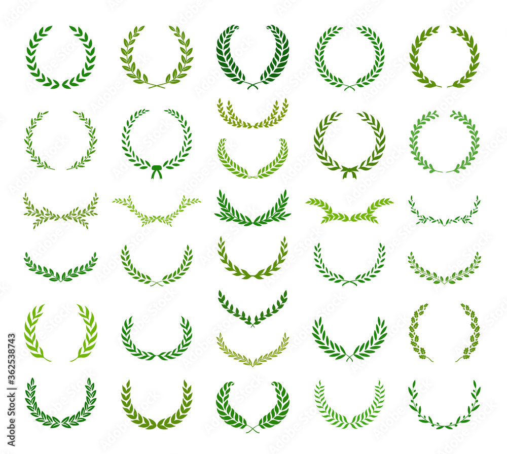 Set of green laurel foliate, oak and olive wreaths. Can be used as design elements in heraldry on an award certificate, for invitations, quotes, greeting cards, blogs and more. Vector illustration. Set of green laurel foliate, oak and olive wreaths. Can be used as design elements in heraldry on an award certificate, for invitations, quotes, greeting cards, blogs and more. Vector illustration.