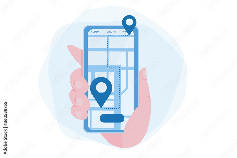 Hand with smartphone, GPS navigation  app. maps, get directions. Vector illustration for web banner, infographics, mobile. 