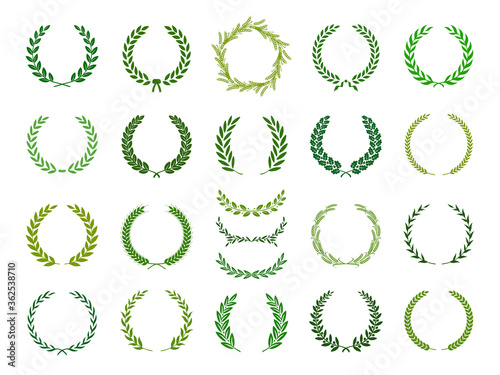 Set of green silhouette laurel foliate, wheat and olive wreaths depicting an award, achievement, heraldry, nobility. Vector illustration.