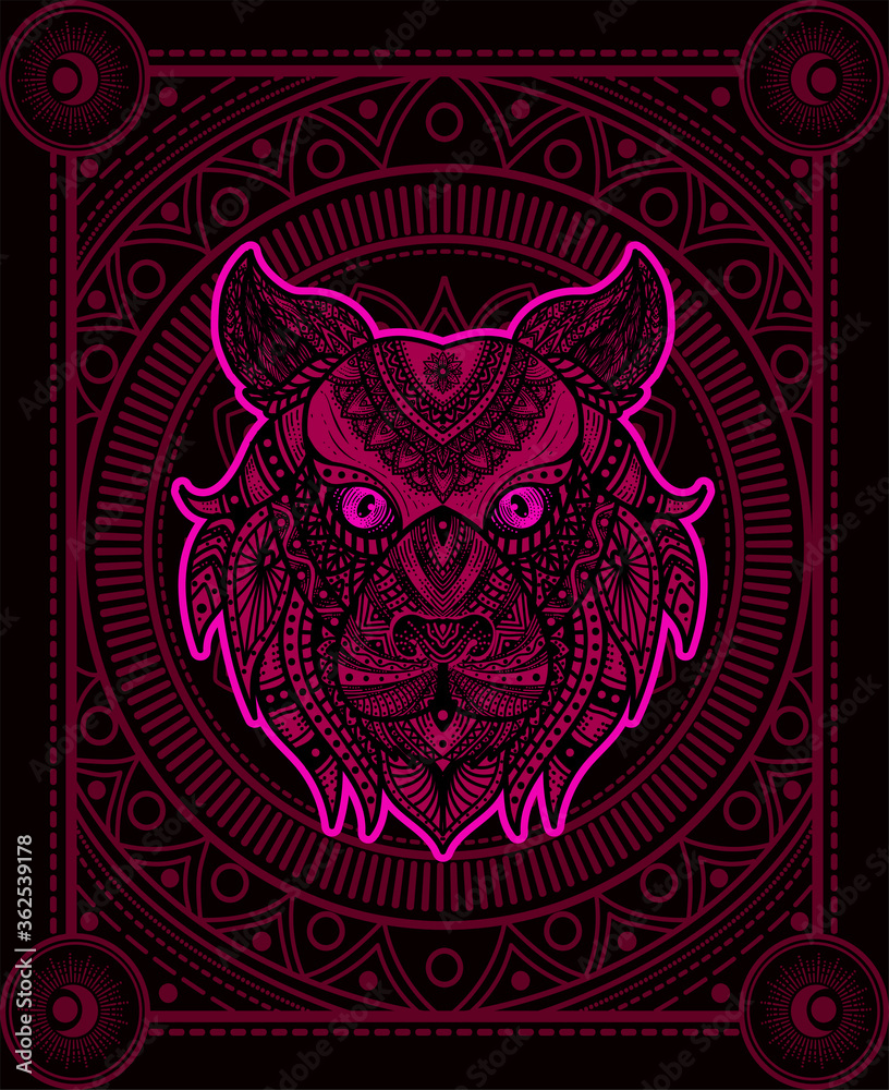 Illustration vector tiger head mandala pattern style with sacred geometry on black background.