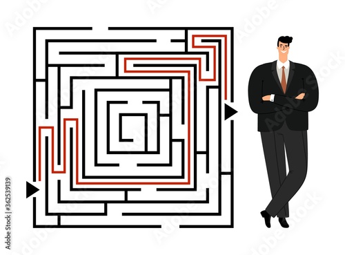 Successful businessman. Complicated way metaphor, go through labyrinth or maze and find exit. Boss or teamleader vector illustration