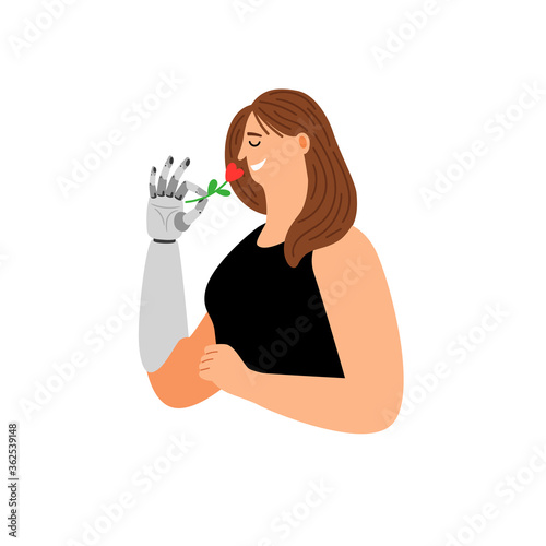 Prosthetic hand. Cartoon woman with bionic arm, metallic cybernetic hand hold flower with red heart, vector illustration creation of future technologies isolated on white background