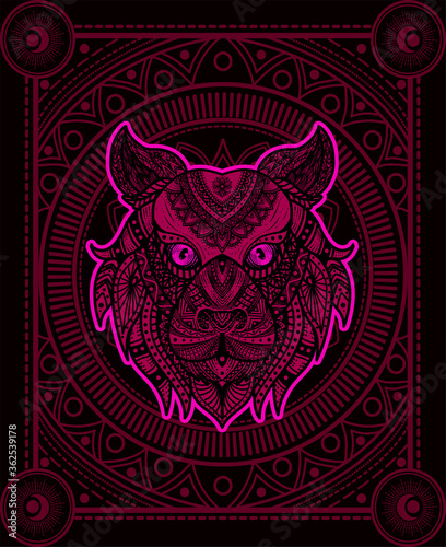 Illustration vector tiger head mandala pattern style with sacred geometry on black background.