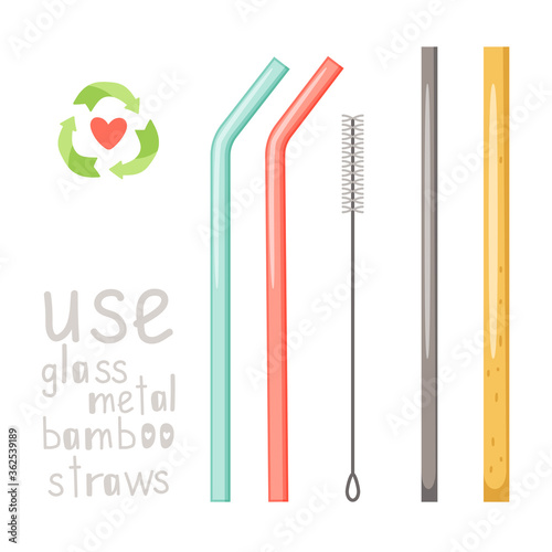 Zero waste straws. Concept of using durable and reusable natural eco items without plastic. Hand drawn glass, metal and bamboo straw set isolated on white background