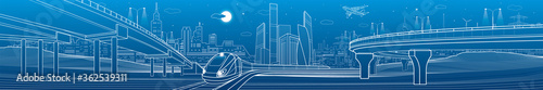 Urban large panorama. Modern city skyline outline illustration. Train rides on bridge. Illumination highway. Car overpass. Town infrastructure . White lines on blue background. Vector design art