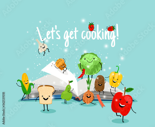 Cooking book. Cartoon vegetables and fruits have fun on pages, open cookbook with recipes, vector illustration of food ingredients