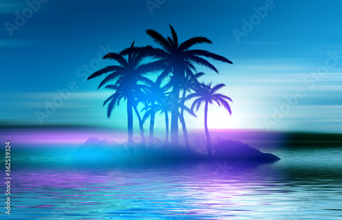 Fototapeta Naklejka Na Ścianę i Meble -  Silhouettes of tropical palm trees on a background of abstract background with neon glow. Reflection of palm trees on the water. 3d illustration