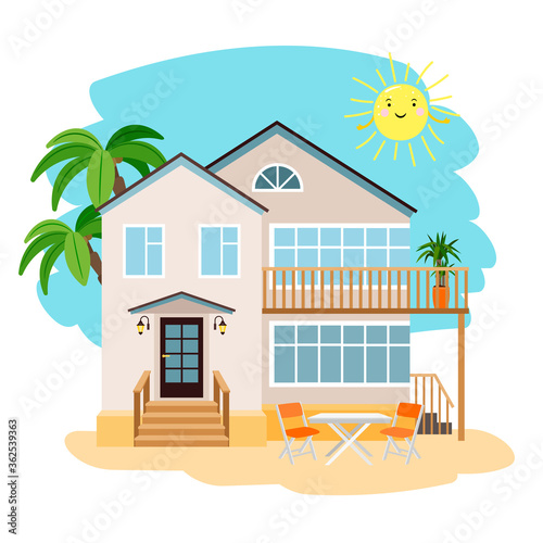 Beach house. Cartoon housing with door and flashlight for vacation among palms, clear sky with luminous sun and sand, vector illustration of relax on nature isolated on white backgr