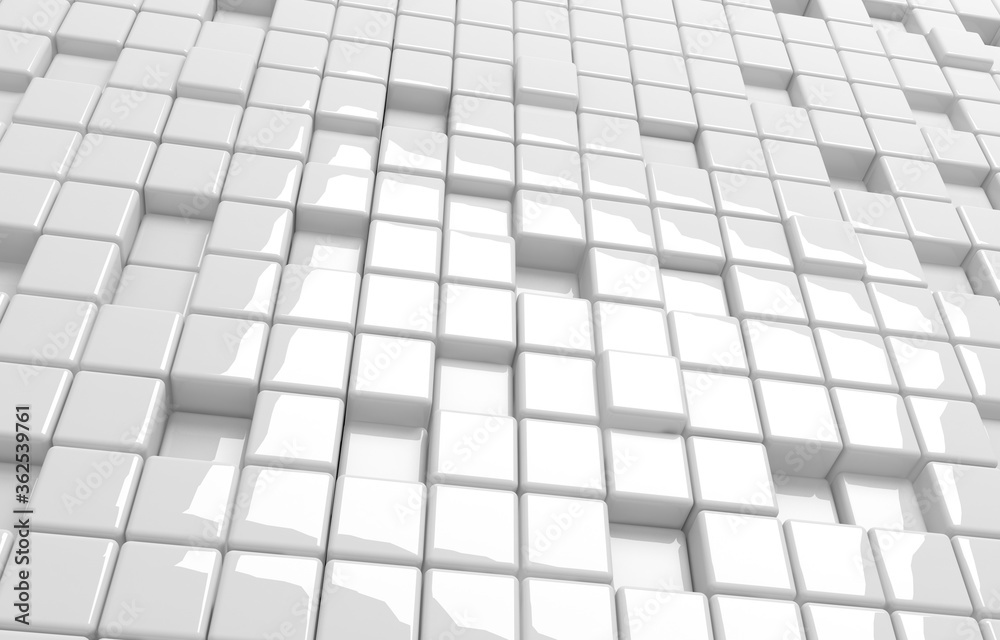 Abstract geometric shape of white cubes 3d render. Futuristic fashioned glossy background.