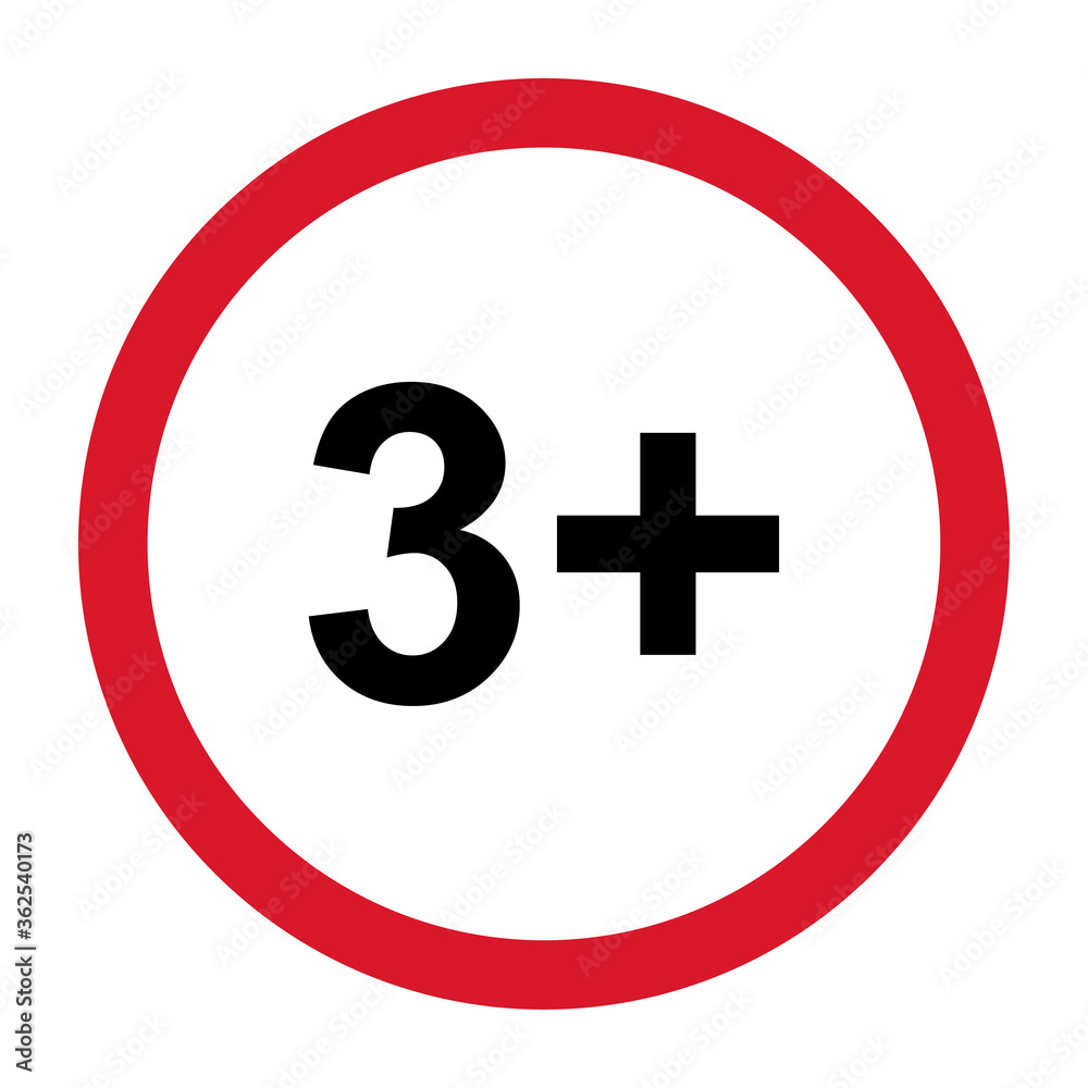 3+ restriction flat sign isolated on white background. Age limit symbol. No under three years warning illustration 3+ restriction flat sign isolated on white background. Age limit symbol. No under three years warning illustration