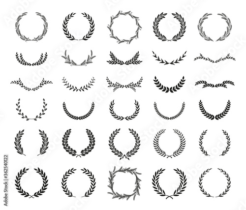 Collection of different black and white silhouette circular laurel foliate, wheat and oak wreaths depicting an award, achievement, heraldry, nobility. Vector illustration.