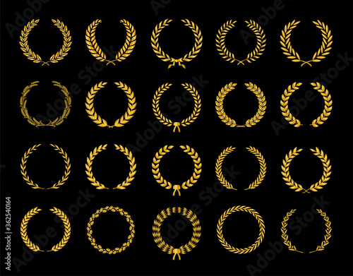 Collection of different golden silhouette laurel foliate, wheat, oak and olive wreaths depicting an award, achievement, heraldry, nobility, game dev. Vector illustration.