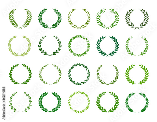 Set of green silhouette laurel foliate, wheat and olive wreaths depicting an award, achievement, heraldry, nobility. Vector illustration.
