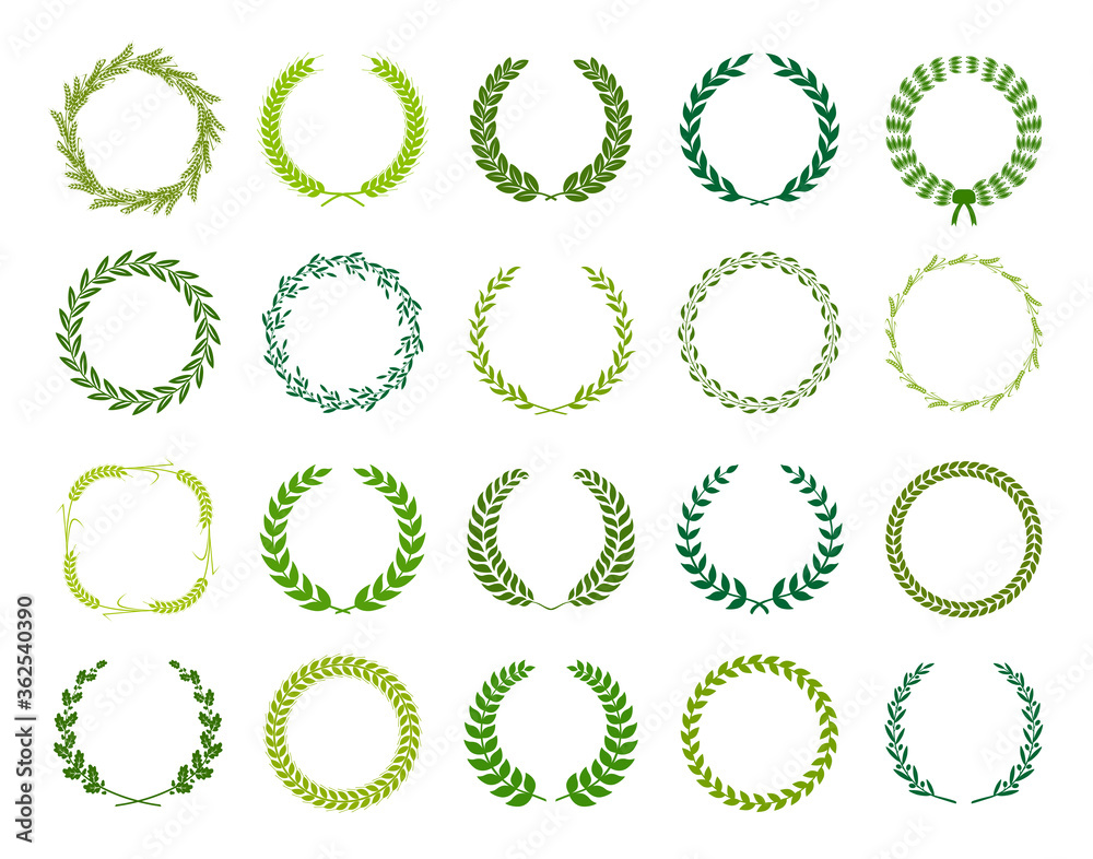 Set of green silhouette laurel foliate, wheat and olive wreaths depicting an award, achievement, heraldry, nobility. Vector illustration. Set of green silhouette laurel foliate, wheat and olive wreaths depicting an award, achievement, heraldry, nobility. Vector illustration.
