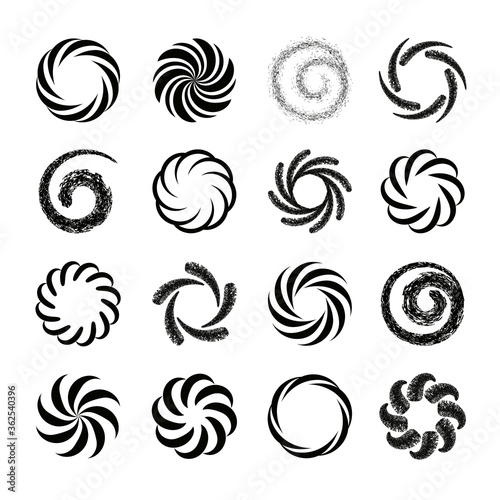 Set of spiral swirl icons, twirl spiral circle, swirling circles, twist curve spiral. Abstract spirals and liquid twirls. Vector design elements.