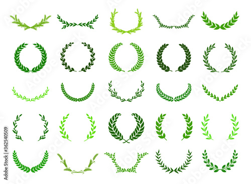 Set of green silhouette laurel foliate, olive and wheat wreaths. Vector illustration for your frame, border, ornament design, wreaths depicting an award, achievement, heraldry, emblem, logo.