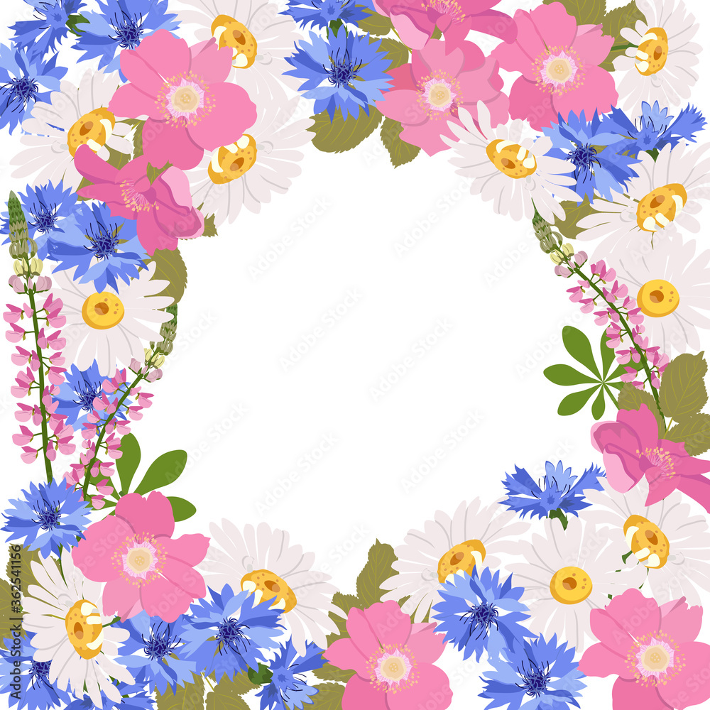 Wildflowers with frame and place for your text. Template for cards, invitations, labels.