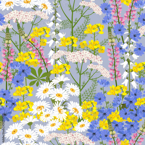 Beautiful carpet of wildflowers. Seamless vector illustration. For textile decoration, packaging, web design.