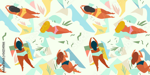 Tropical abstract pattern with girls sunbathing on a beach. Body positive. Vector seamless texture.