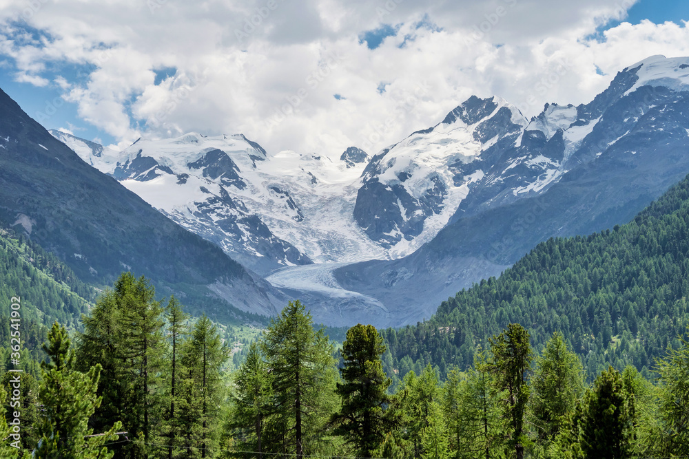 The Bernina mountain range in the Swiss Alps, upper Engadin in Graubuenden