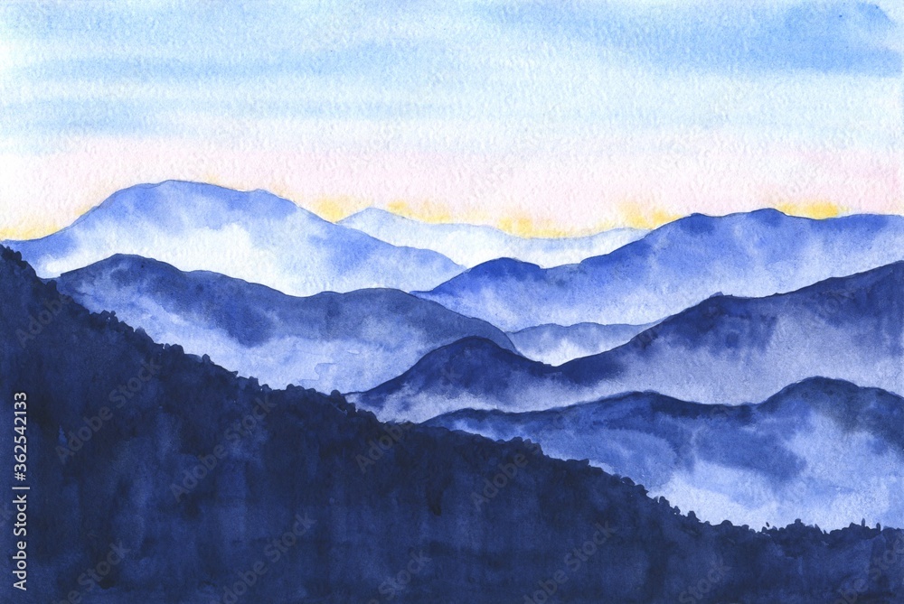 Watercolor blue landscape, mountains and clouds. Hand paint illustration.