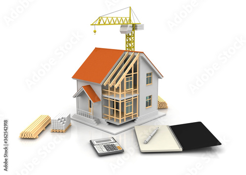 House 3d rendering illustration with open interior on top. Blueprints, documents, crane and mortgage calculations.