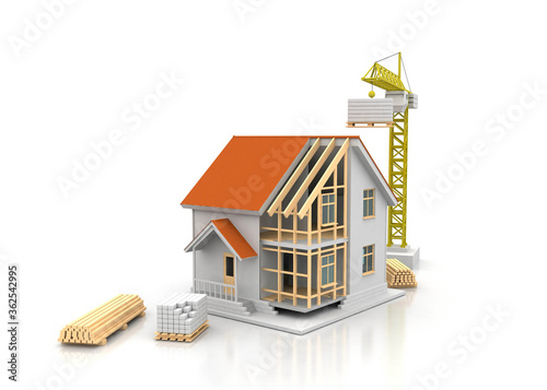 Fototapeta Naklejka Na Ścianę i Meble -  House 3d rendering illustration with open interior on top. Blueprints, documents, crane and mortgage calculations.
