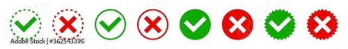 Check mark and red cross icons. Yes and no. Isolated vector elements