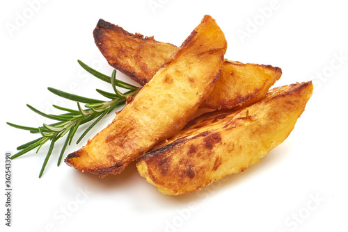 Fried Potato wedges with herbs. Fast food, isolated on a white background. Close-up