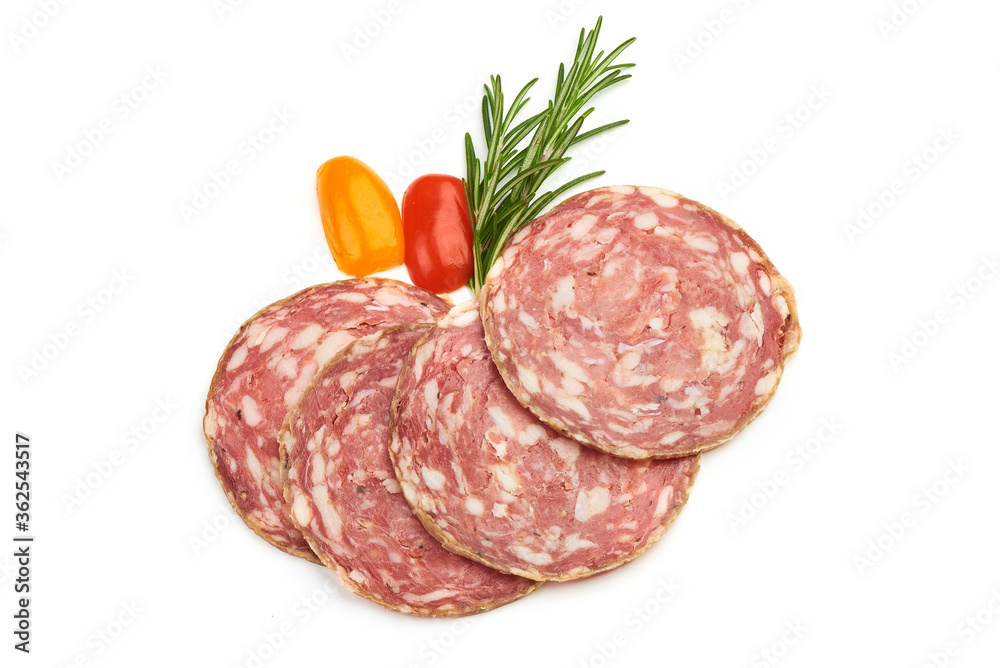 Thin Hungarian Salami Slices with herbs, isolated on a white background. Top view Thin Hungarian Salami Slices with herbs, isolated on a white background. Top view