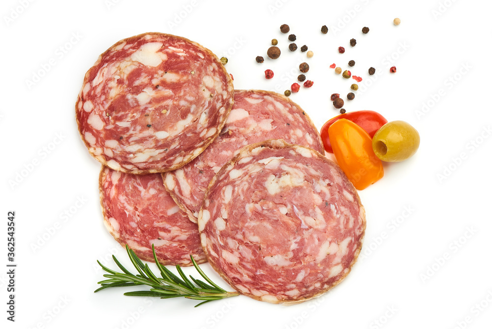 Delicious Hungarian Salami from pork with herbs and spices, isolated on a white background. Top view Delicious Hungarian Salami from pork with herbs and spices, isolated on a white background. Top view