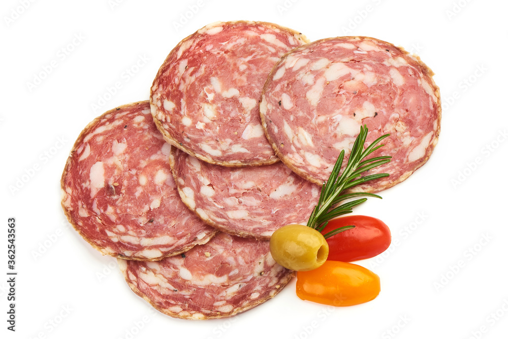 Sliced Salami with herbs, isolated on a white background. Top view Sliced Salami with herbs, isolated on a white background. Top view