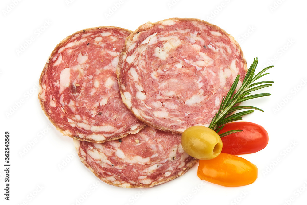 Salami Traditional Smoked slices with herbs, isolated on a white background. Top view Salami Traditional Smoked slices with herbs, isolated on a white background. Top view