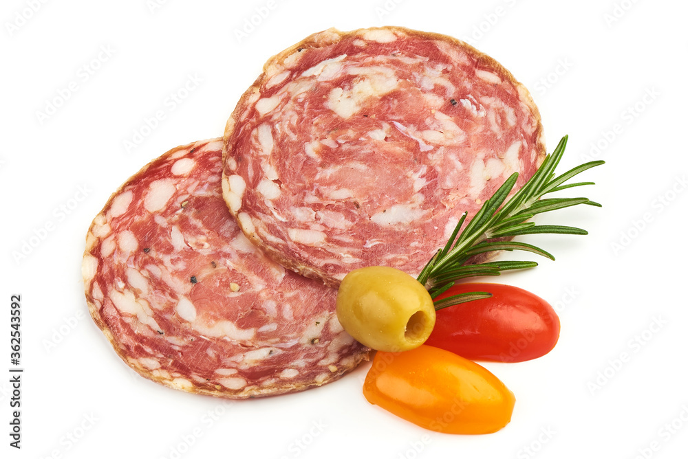 Salami Sliced. Thin Smoked sausage slices with herbs, isolated on a white background. Top view Salami Sliced. Thin Smoked sausage slices with herbs, isolated on a white background. Top view