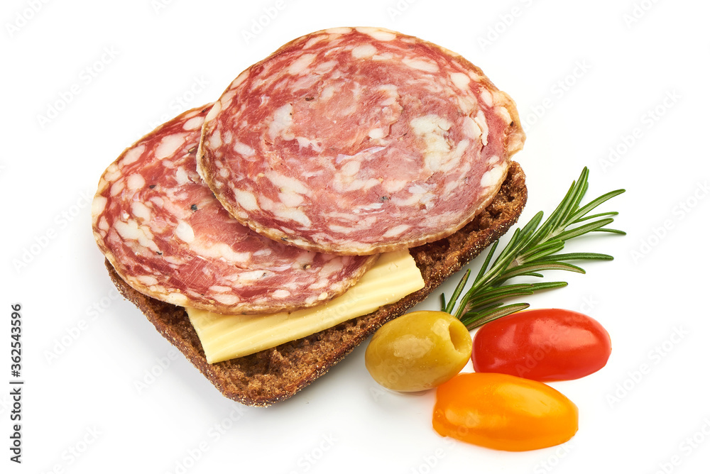 Sandwich. Tasty appetizer of thinly sliced spicy salami, isolated on a white background. Close-up