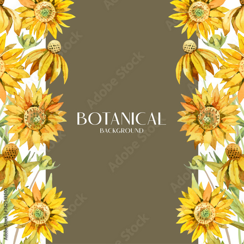 Water color yellow sunflower botanical bouquet on side design, brown and white background illustration vector. Suitable for wedding and various design elements.