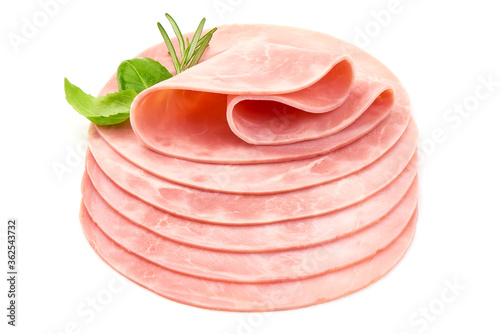 Fototapeta Naklejka Na Ścianę i Meble -  Turkey Ham with basil and rosemary, closeup, isolated on a white background
