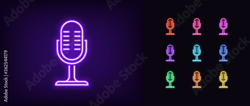 Neon microphone icon. Glowing neon mike sign