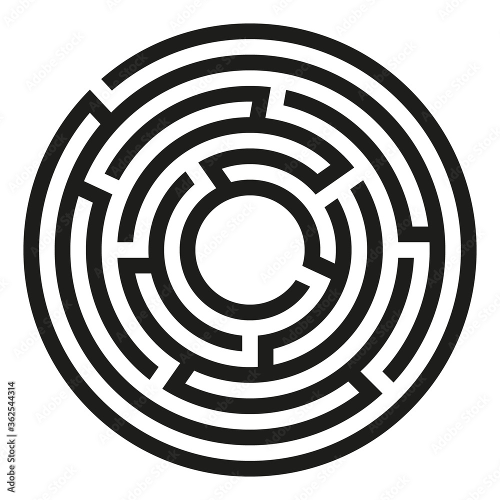 Black circle vector maze isolated on white background. Black round labyrinth with one entrance and target. Vector maze icon. Labyrinth symbol. Circle puzzle with one solution Black circle vector maze isolated on white background. Black round labyrinth with one entrance and target. Vector maze icon. Labyrinth symbol. Circle puzzle with one solution